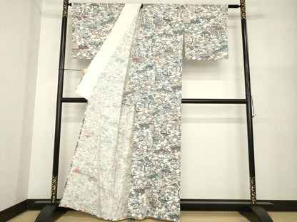 平和屋着物▽上質な小紋 単衣 型染め 風景文 正絹 逸品 AABG7650ck