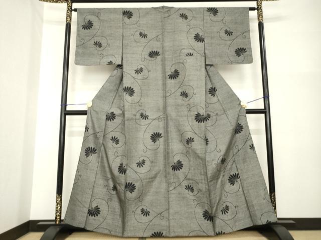 平和屋着物▽上質な紬 単衣 花唐草文 正絹 逸品 AABG7655ck
