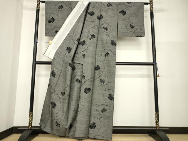 平和屋着物▽上質な紬 単衣 花唐草文 正絹 逸品 AABG7655ck