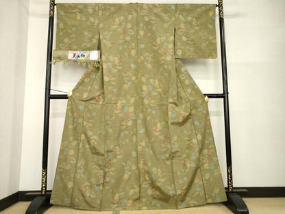 平和屋着物▽天山紬 単衣 草花文 反端付き 正絹 逸品 AABG7656ck