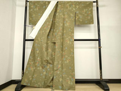 平和屋着物▽天山紬 単衣 草花文 反端付き 正絹 逸品 AABG7656ck