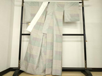 平和屋着物▽上質な紬 単衣 格子 正絹 逸品 AABG7661ck