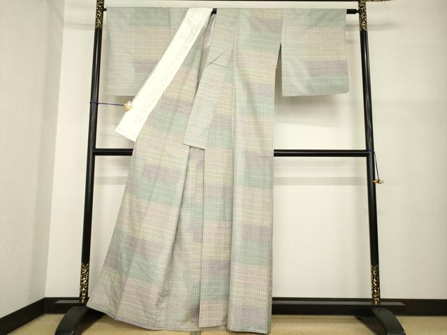 平和屋着物▽上質な紬 単衣 格子 正絹 逸品 AABG7661ck