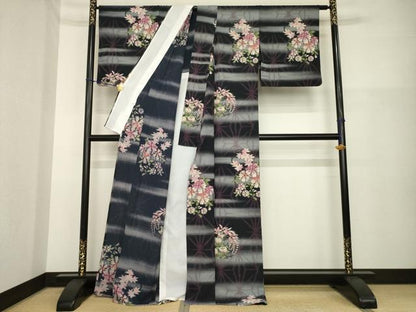 平和屋着物▽小紋 単衣 麻の葉花丸文 洗える着物 AABG7663ck