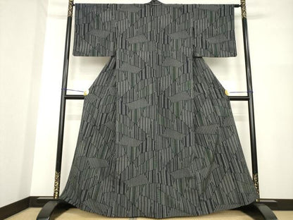 平和屋着物▽本塩沢 単衣 割付き縞文 正絹 逸品 AABG7666ck