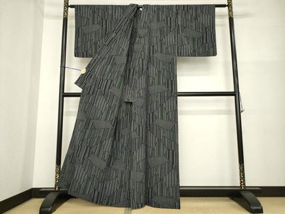 平和屋着物▽本塩沢 単衣 割付き縞文 正絹 逸品 AABG7666ck