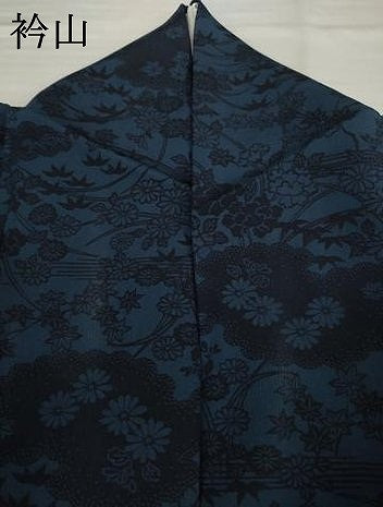 平和屋着物▽上質な小紋　単衣　型染め　藍　流水花文　正絹　逸品　AABG7672ck