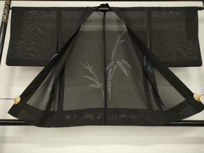 平和屋着物▽羽織 スリーシーズン 春夏秋 塵除け 笹竹紋絽 黒地 正絹 逸品 AABG7675ck