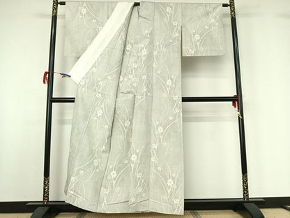 平和屋着物▽上質な紬　単衣　草花文　正絹　逸品　AABG7681jh