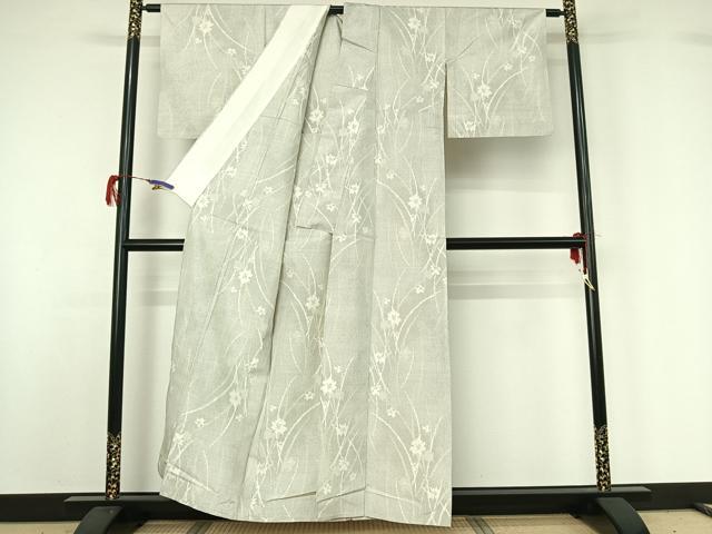 平和屋着物▽上質な紬　単衣　草花文　正絹　逸品　AABG7681jh