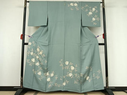 平和屋着物▽訪問着　単衣　駒刺繍　草花文　正絹　逸品　AABG7683jh