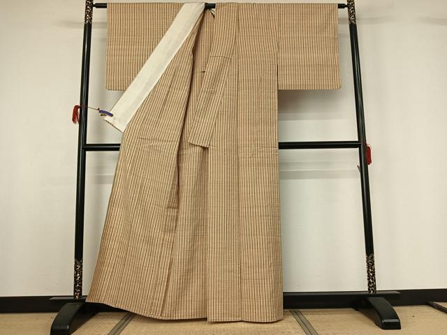 平和屋着物▽上質な紬 単衣 縞 正絹 逸品 AABG7684jh