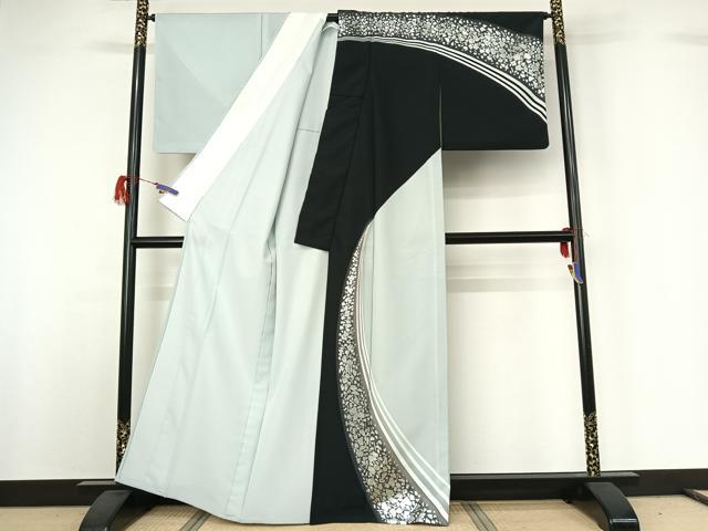 平和屋着物▽訪問着　単衣　箔散らし文様　暈し染め　銀彩　洗える着物　AABG7686jh