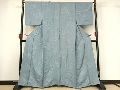 平和屋着物▽上質な色無地 単衣 風景地紋 浅縹色 正絹 逸品 AABG7693jh
