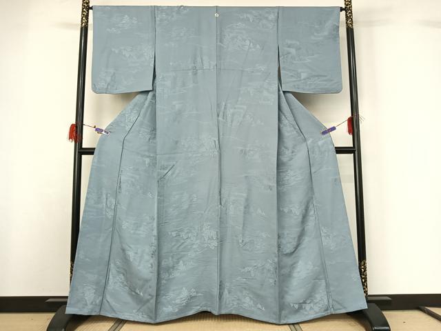 平和屋着物▽上質な色無地 単衣 風景地紋 浅縹色 正絹 逸品 AABG7693jh