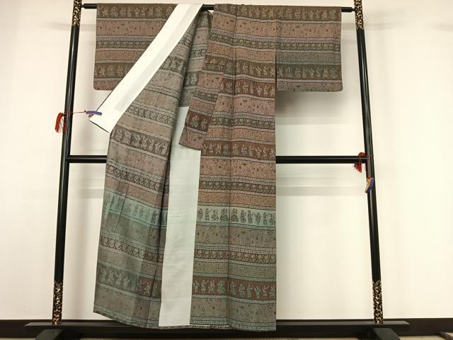平和屋着物▽訪問着 単衣 作家物 紬地 手描き 横段人物花文 正絹 逸品 AABG7696jh