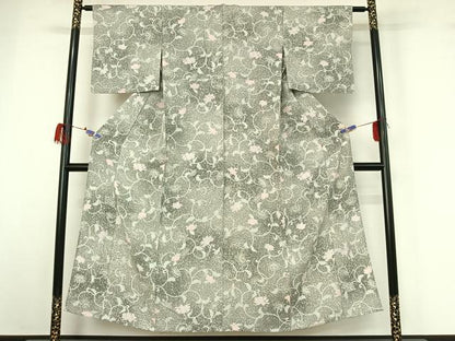 平和屋着物▽上質な小紋 単衣 花唐草文 正絹 逸品 AABG7701jh