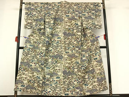 平和屋着物▽上質な小紋　単衣　紬地　型染め　風景松竹梅文　正絹　逸品　AABG7702jh