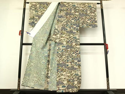平和屋着物▽上質な小紋　単衣　紬地　型染め　風景松竹梅文　正絹　逸品　AABG7702jh