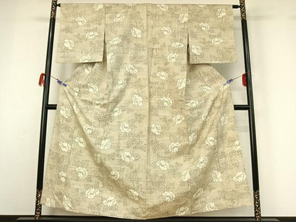 平和屋着物▽上質な紬 単衣 草花文 正絹 逸品 AABG7704jh