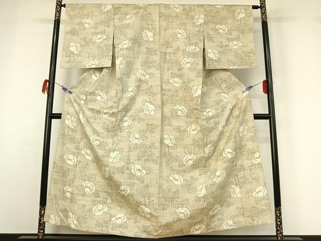 平和屋着物▽上質な紬 単衣 草花文 正絹 逸品 AABG7704jh