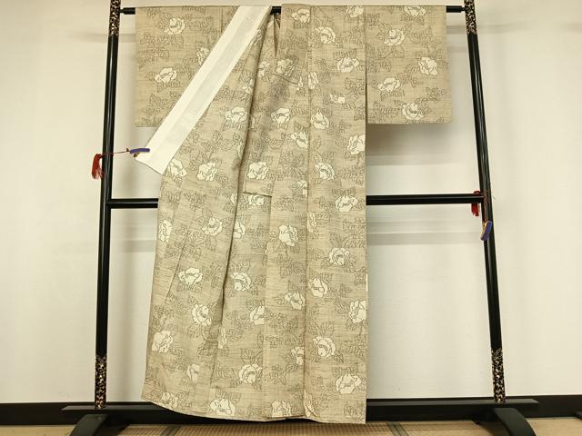 平和屋着物▽上質な紬 単衣 草花文 正絹 逸品 AABG7704jh