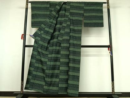 平和屋着物▽上質な紬 単衣 横段文 高島屋扱い 正絹 逸品 AABG7705jh