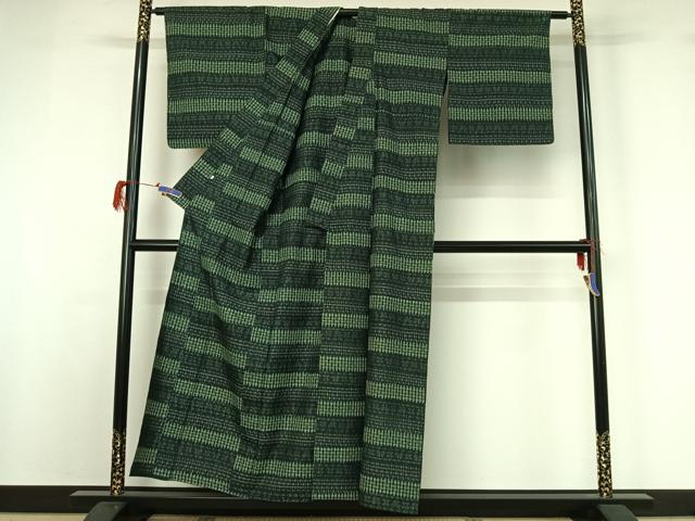 平和屋着物▽上質な紬 単衣 横段文 高島屋扱い 正絹 逸品 AABG7705jh
