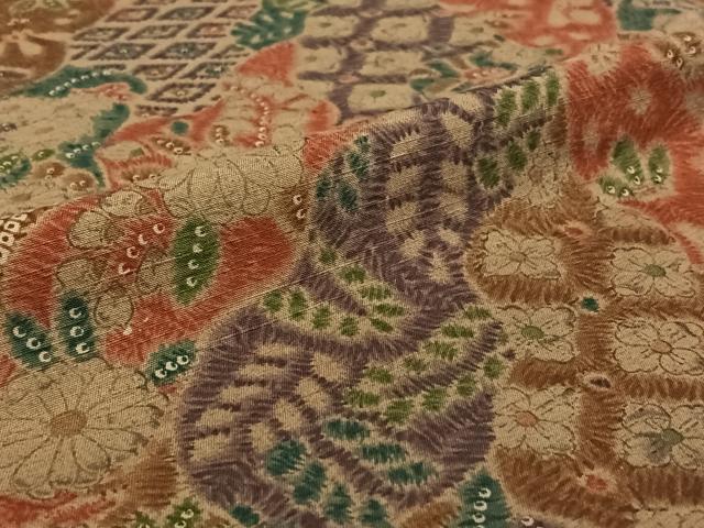 平和屋着物▽上質な小紋 単衣 紬地 辻が花 手描き 正絹 逸品 AABG7713jh