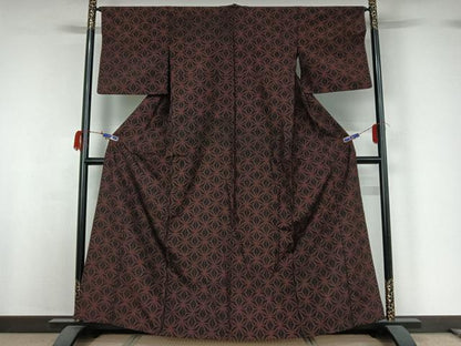 平和屋着物▽上質な紬 単衣 麻の葉文様 黒地 正絹 逸品 AABG7716jh