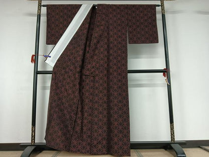 平和屋着物▽上質な紬 単衣 麻の葉文様 黒地 正絹 逸品 AABG7716jh