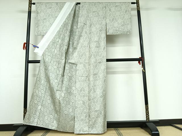 平和屋着物▽お召 単衣 麻の葉文様 正絹 逸品 AABG7718jh