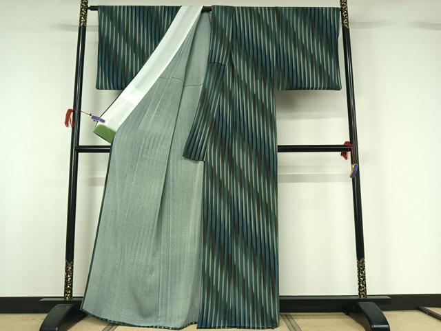 平和屋着物▽上質な小紋 単衣 縞 正絹 逸品 AABG7719jh