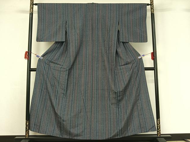 平和屋着物▽上質な紬 単衣 縞 正絹 逸品 AABG7722jh