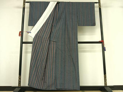 平和屋着物▽上質な紬 単衣 縞 正絹 逸品 AABG7722jh