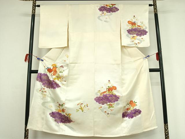 平和屋着物▽訪問着 単衣 駒刺繍 流水花鳥文 金彩 正絹 逸品 AABG7723jh