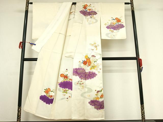 平和屋着物▽訪問着 単衣 駒刺繍 流水花鳥文 金彩 正絹 逸品 AABG7723jh