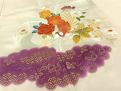 平和屋着物▽訪問着 単衣 駒刺繍 流水花鳥文 金彩 正絹 逸品 AABG7723jh