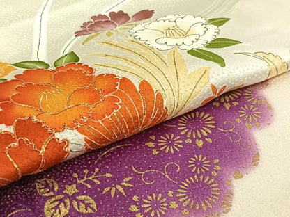 平和屋着物▽訪問着 単衣 駒刺繍 流水花鳥文 金彩 正絹 逸品 AABG7723jh