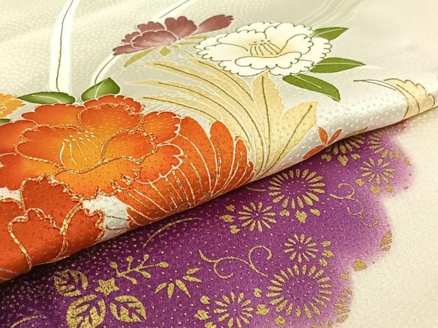 平和屋着物▽訪問着 単衣 駒刺繍 流水花鳥文 金彩 正絹 逸品 AABG7723jh