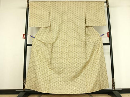 平和屋着物▽上質な紬　単衣　麻の葉文様　正絹　逸品　AABG7727jh