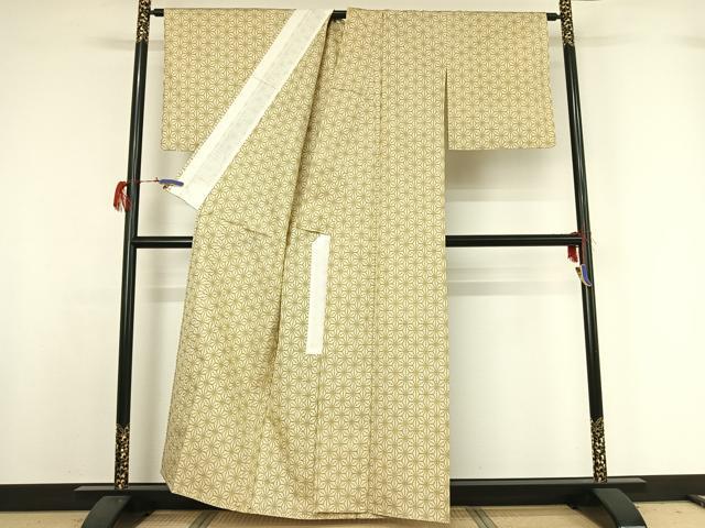 平和屋着物▽上質な紬　単衣　麻の葉文様　正絹　逸品　AABG7727jh