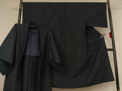 平和屋着物▽男性 髭紬 アンサンブル 単衣 濃藍色 正絹 逸品 AABG7728jh