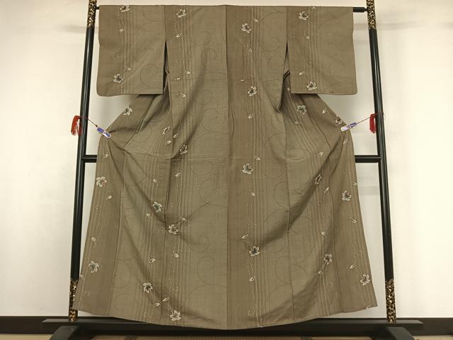平和屋着物▽上質な紬 単衣 絞り 花唐草文 正絹 逸品 AABG7738jh