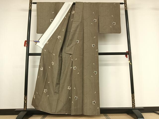 平和屋着物▽上質な紬 単衣 絞り 花唐草文 正絹 逸品 AABG7738jh