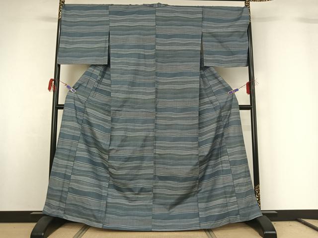 平和屋着物▽上質な紬 単衣 横段文 正絹 逸品 AABG7740jh