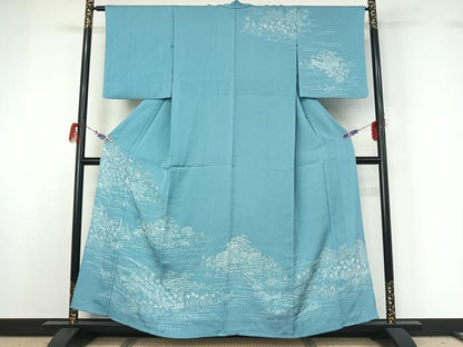 平和屋着物▽訪問着 単衣 刺繍 風景花文 銀糸 正絹 逸品 AABG7745jh