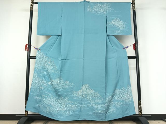 平和屋着物▽訪問着 単衣 刺繍 風景花文 銀糸 正絹 逸品 AABG7745jh
