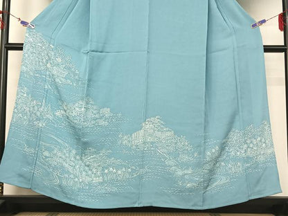 平和屋着物▽訪問着 単衣 刺繍 風景花文 銀糸 正絹 逸品 AABG7745jh