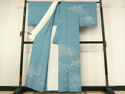 平和屋着物▽訪問着 単衣 刺繍 風景花文 銀糸 正絹 逸品 AABG7745jh